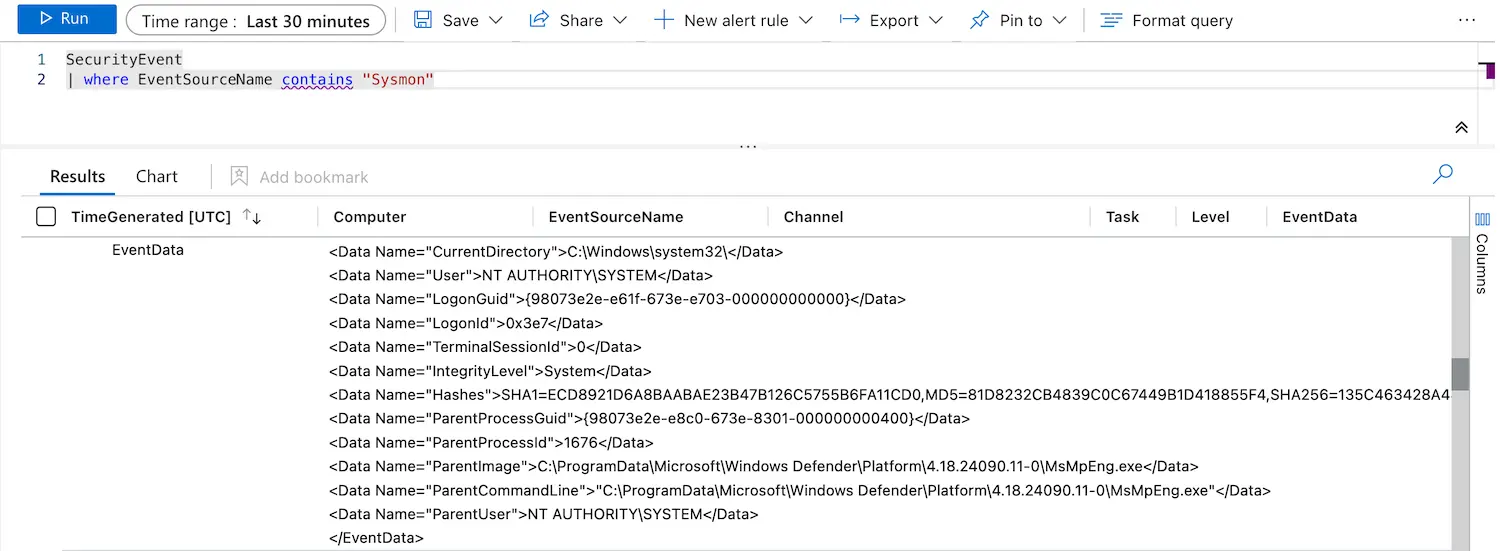Sysmon default XML format