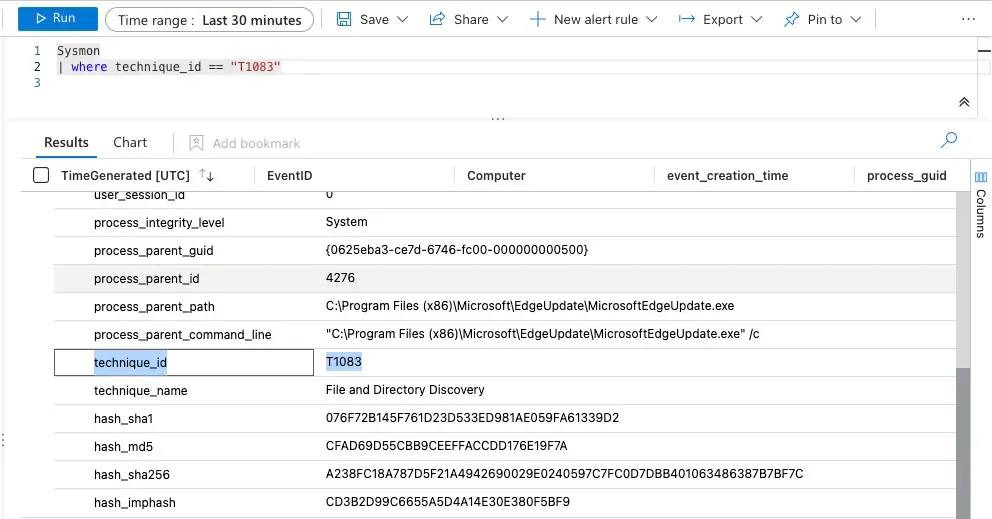 Sysmon log data query example